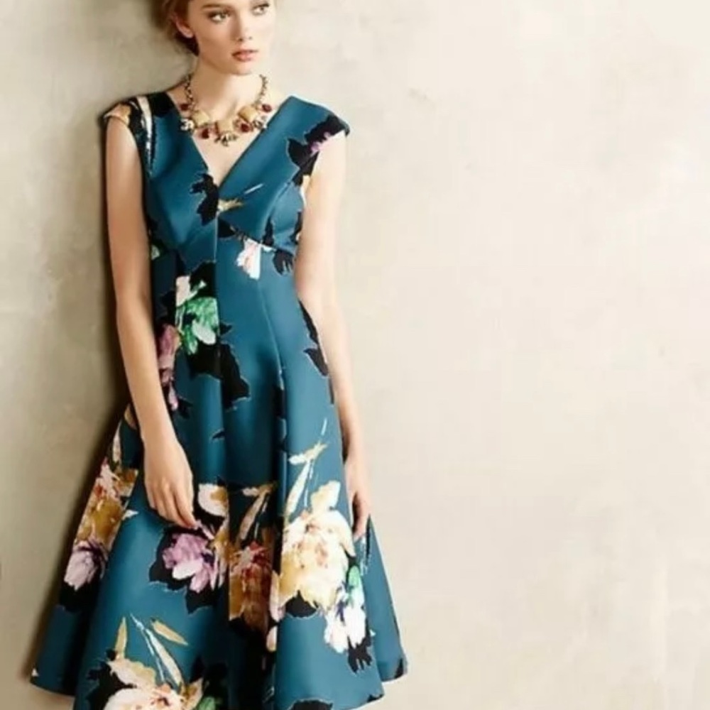 Moulinette Soeurs Anthropologie 6 Baikal Floral Dress Fit & Flare Teal